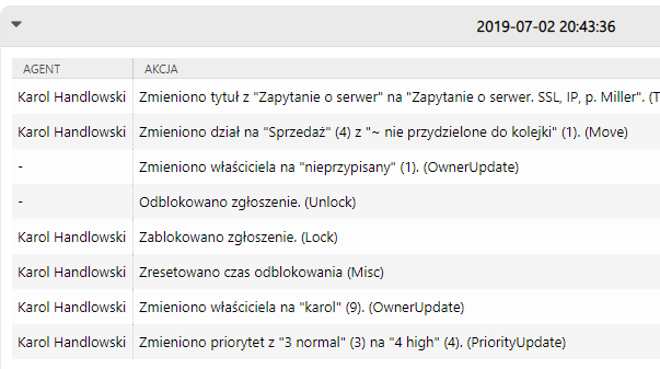 Historia aktywności w zgłoszeniu w systemie ticketowym